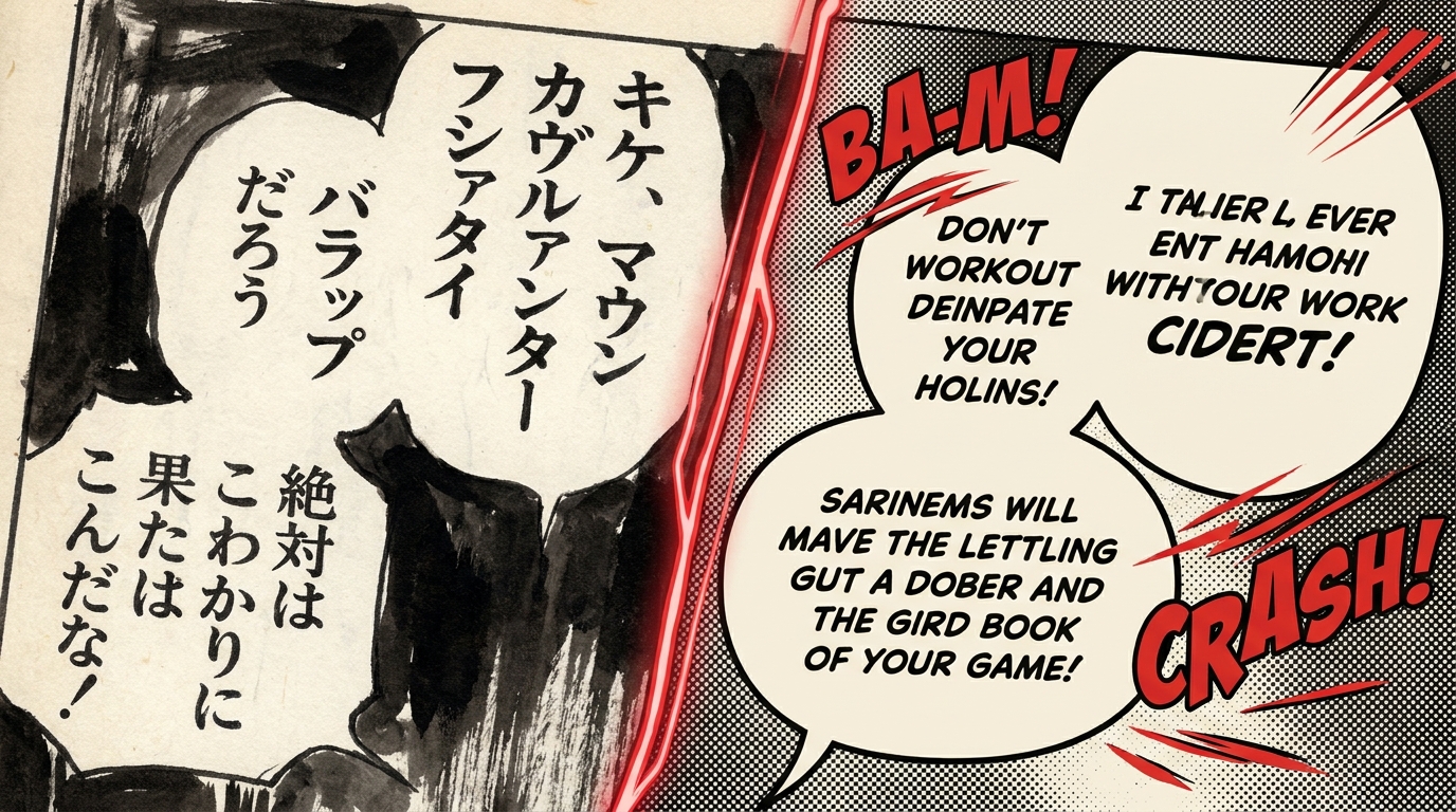 Comic before and after translation: Japanese text and English lettering
